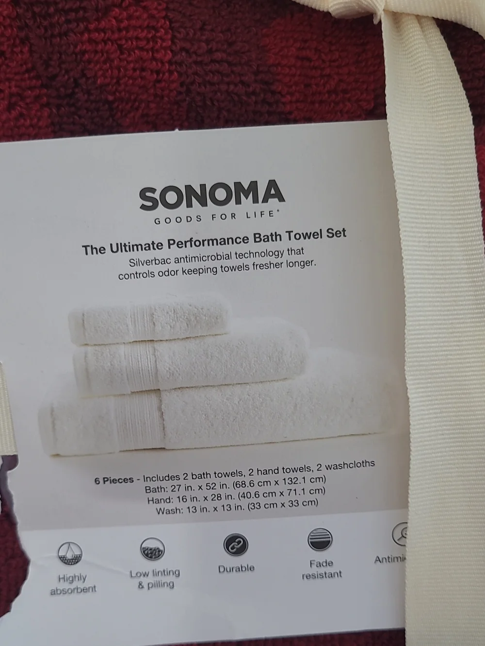 Sonoma Burgundy Ribbon Pattern Jacquard Towel Set 6 Pc